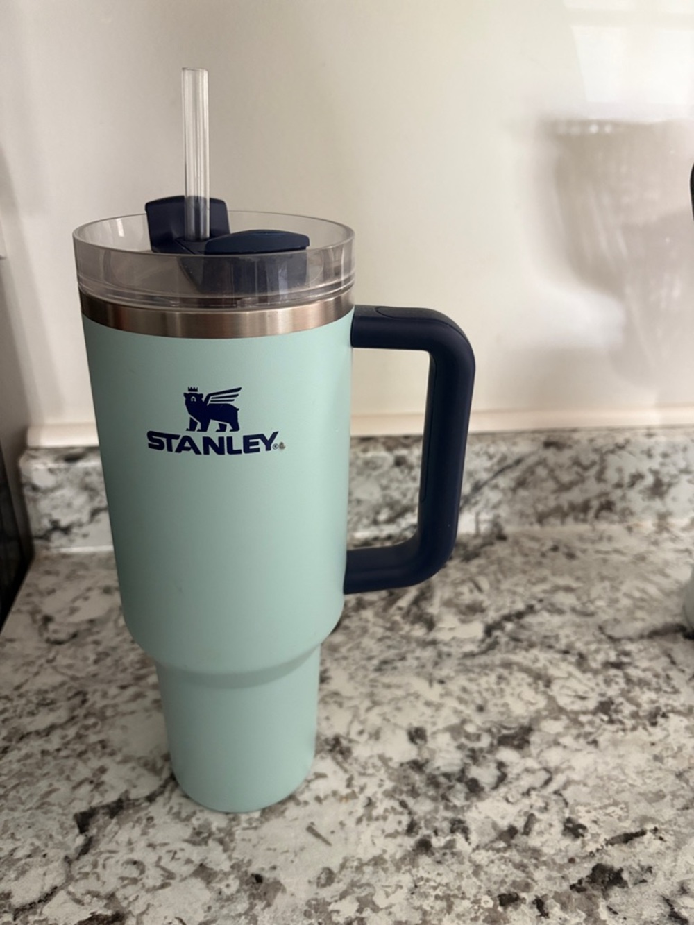 Stanley Mint Green Travel Tumbler with Navy Handle